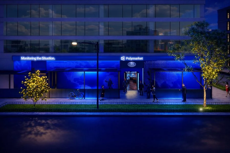 Polymarket “Situation Bar” concept storefront in Washington, D.C., featuring a glowing blue world map display and signage reading “Monitoring the Situation,” symbolizing real-time prediction markets tracking geopolitical events and news.