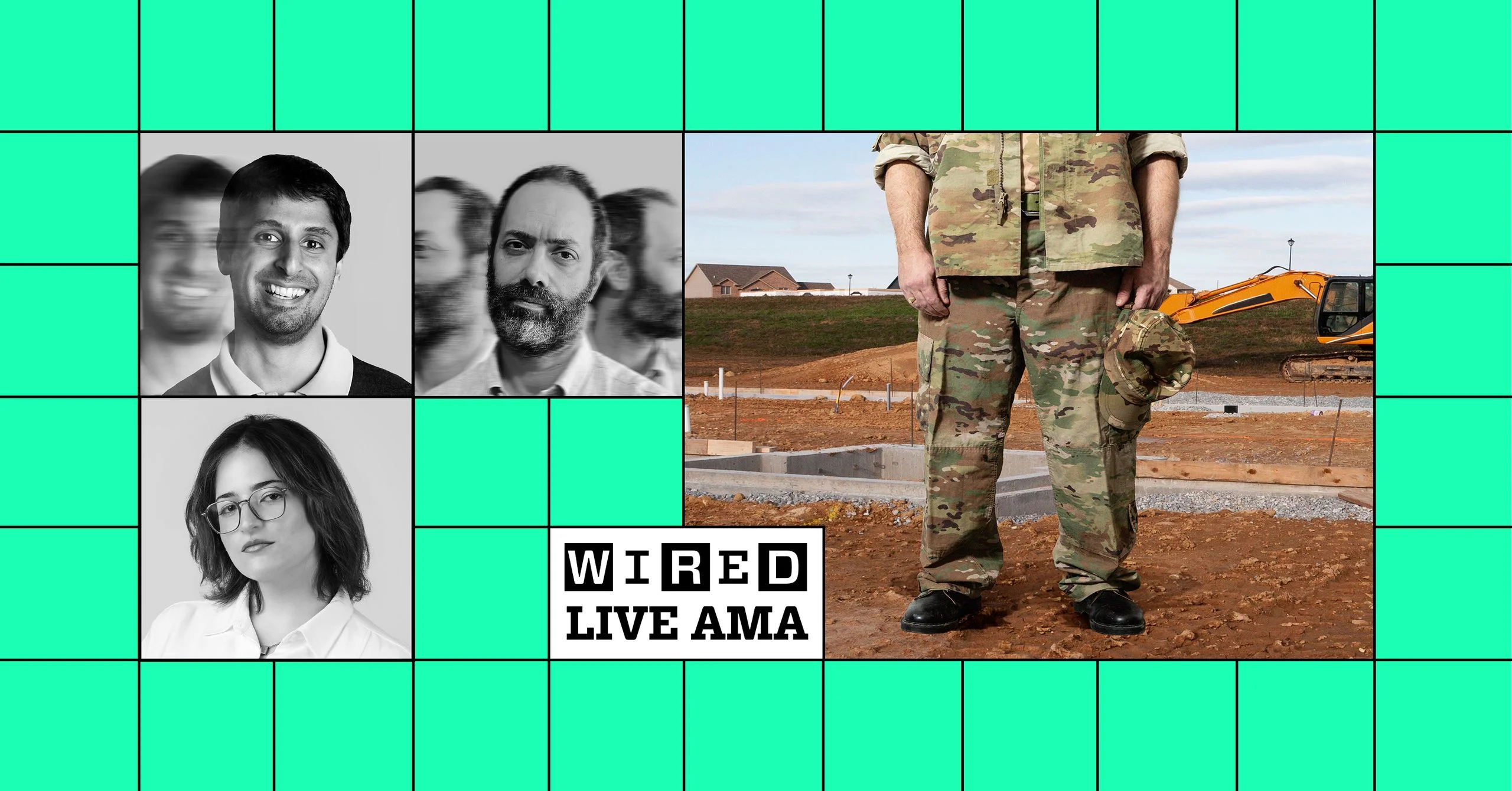 Collage of Paresh Dave Tim Marchman Carla Sertin and a photo of a person in military camouflage